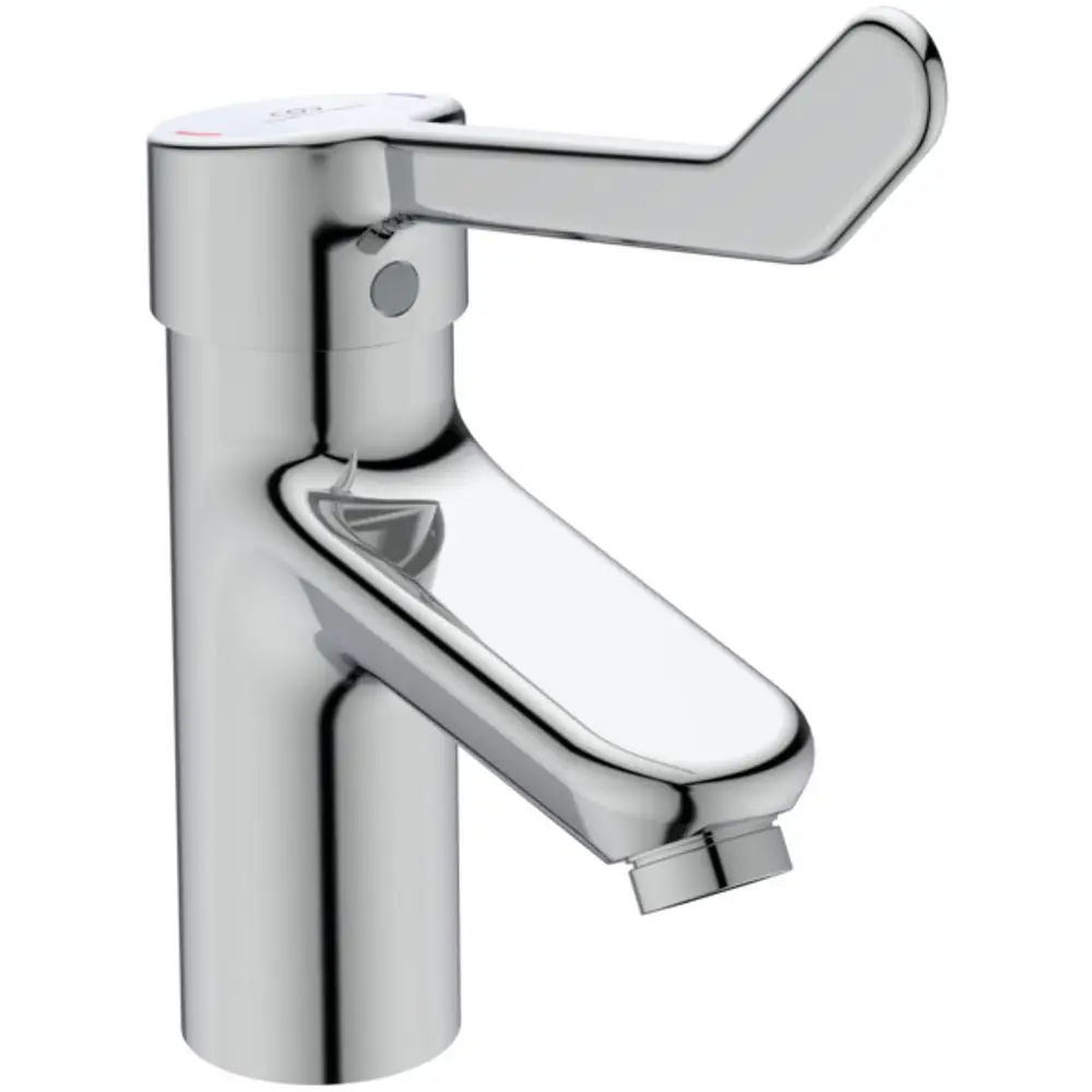 Hochglanzchromene Armatur von Ideal Standard mit einem Hebel und einem Auslauf. Für den Einsatz in klinischen Umgebungen geeignet.